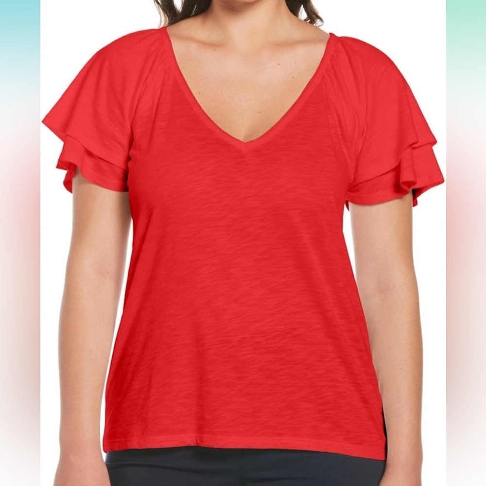 Rafaella Red V-Neck Short Sleeve Ruffle Top